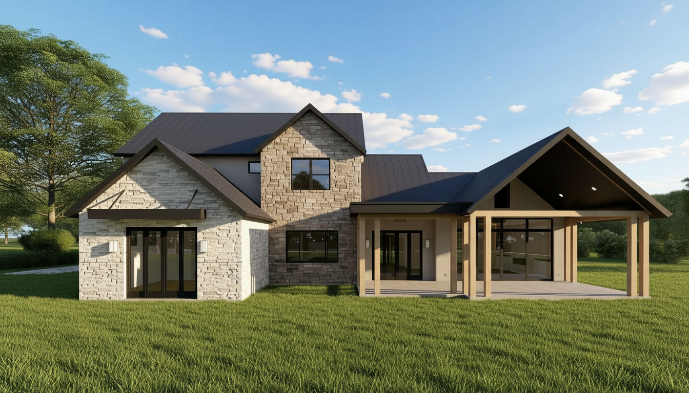 Modern house with stone facade and wooden accents on a grassy lawn