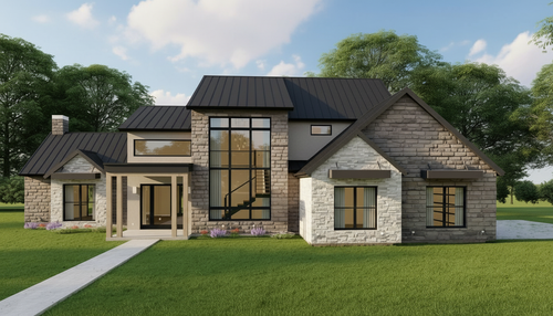 Modern house with stone and wood exterior on a sunny day