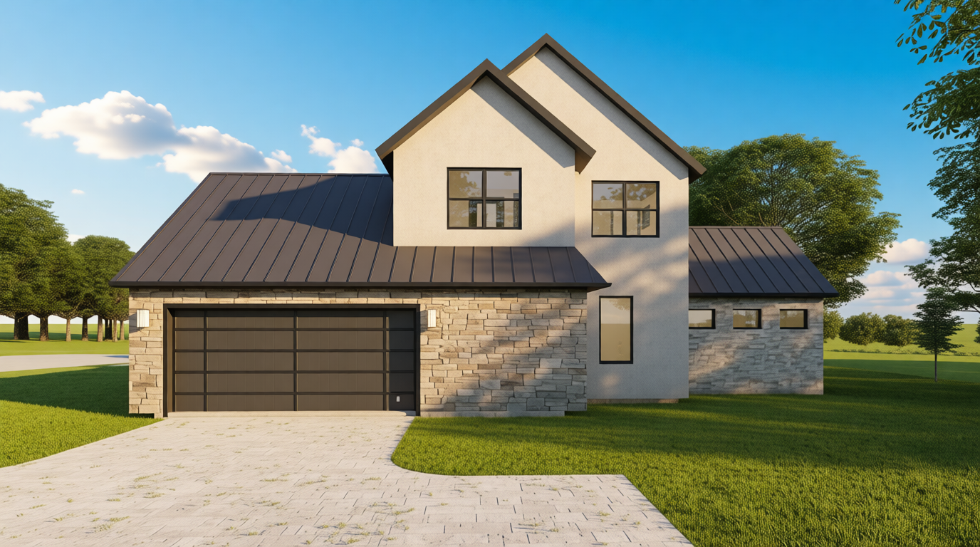 Modern house with a garage under a clear blue sky