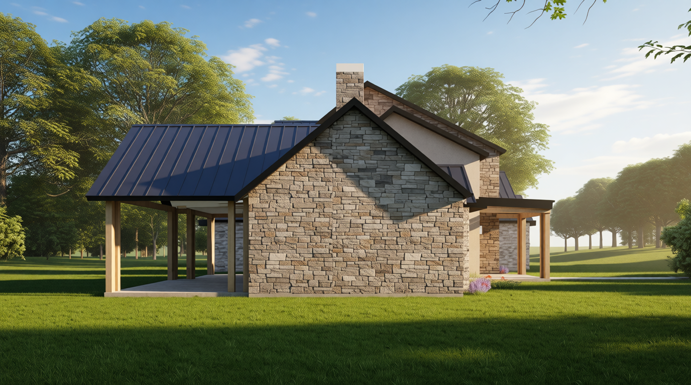 Stone cabin with a black roof in a park-like setting