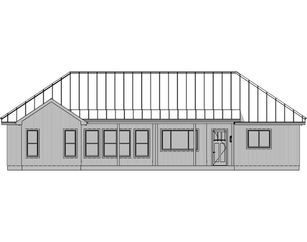 Technical drawing of a house with a gabled roof on a white background