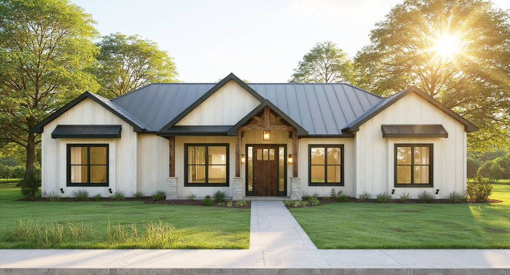 White house with black roof and windows in a serene setting