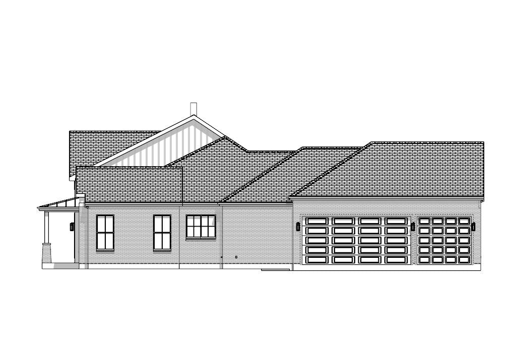 Black and white architectural drawing of a house with a garage