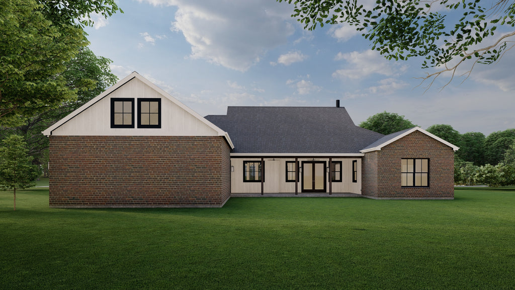 Render of a two-story house with brick and white exterior on a clear day.