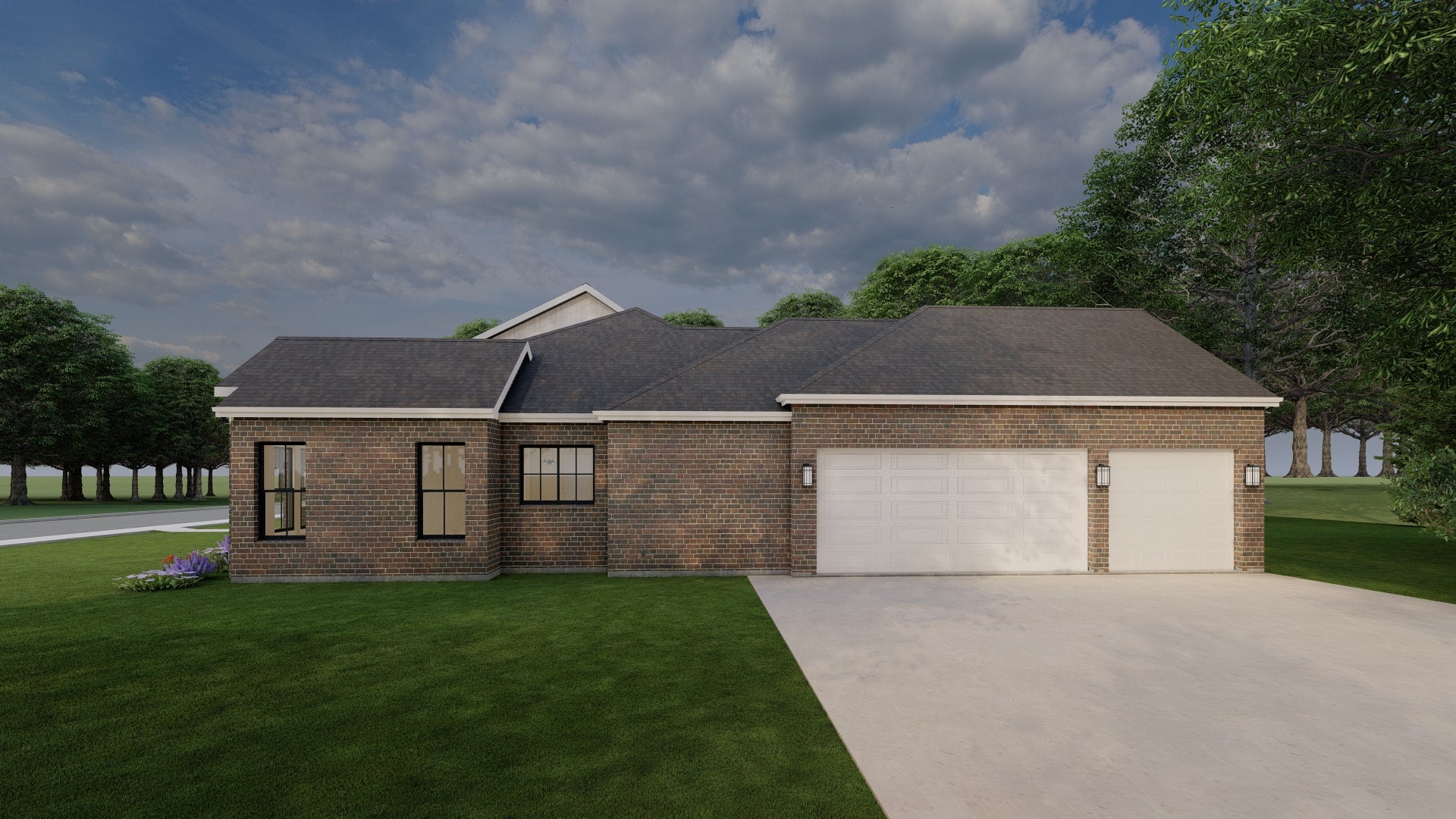 Render of a two-story house with a garage on a clear day