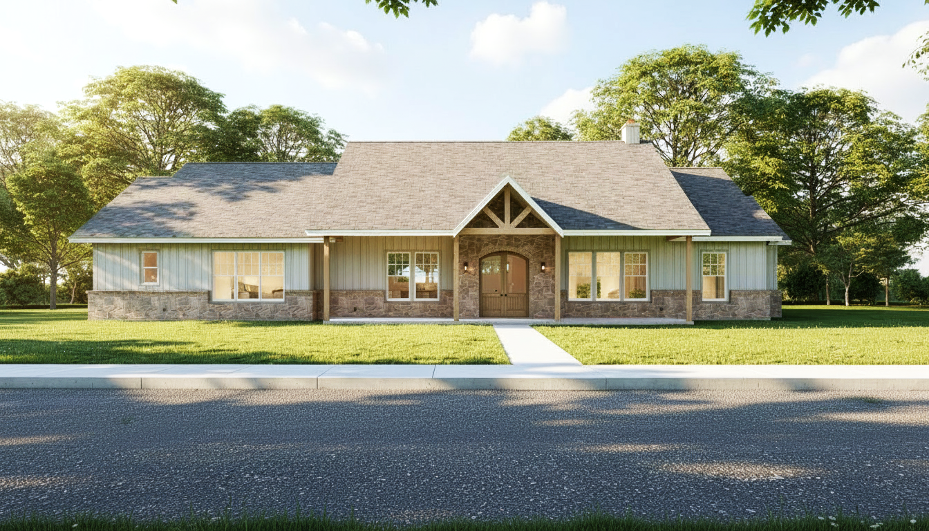 House with a driveway and trees in the background