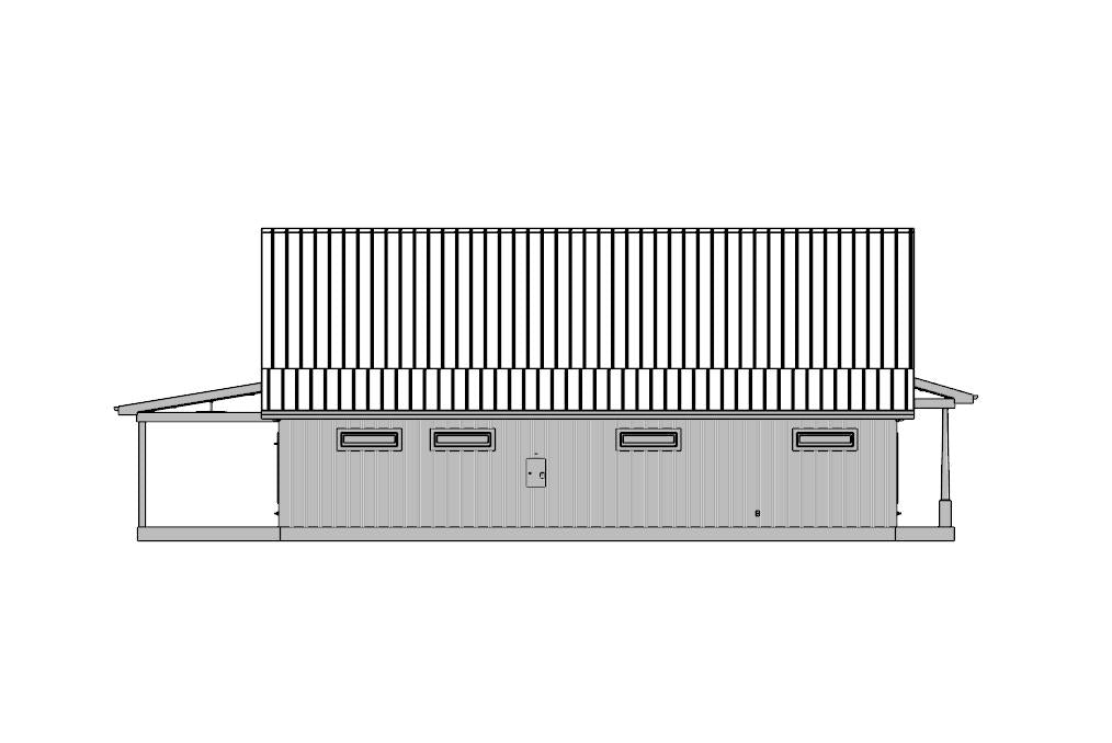 Technical drawing of a building with a flat roof and horizontal lines