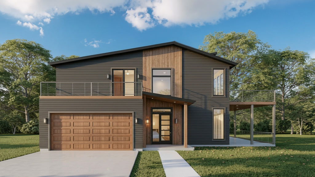 A modern two-story house exterior with dark gray siding, warm wood paneling and garage doors, large windows, a balcony, and a front porch, set on a landscaped lawn under a blue sky with clouds.