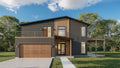 A modern two-story house exterior with dark gray siding, warm wood paneling and garage doors, large windows, a balcony, and a front porch, set on a landscaped lawn under a blue sky with clouds.