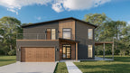A modern two-story house exterior with dark gray siding, warm wood paneling and garage doors, large windows, a balcony, and a front porch, set on a landscaped lawn under a blue sky with clouds.