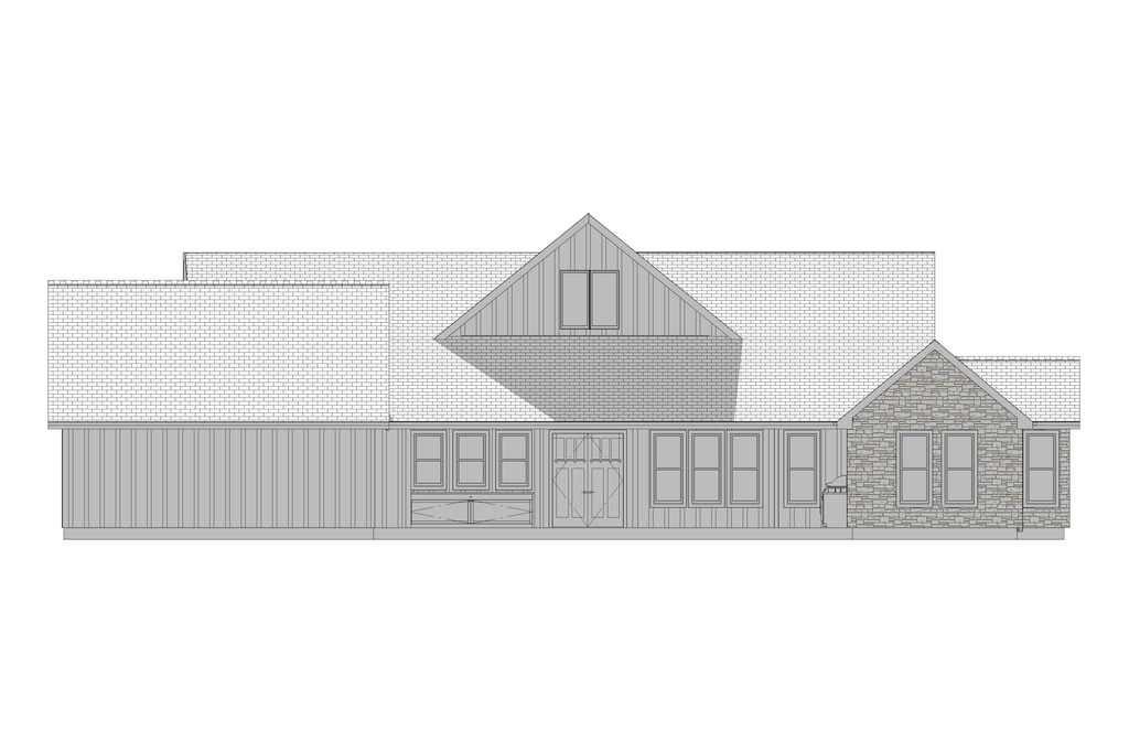 Architectural drawing of a house with different roof styles on a white background