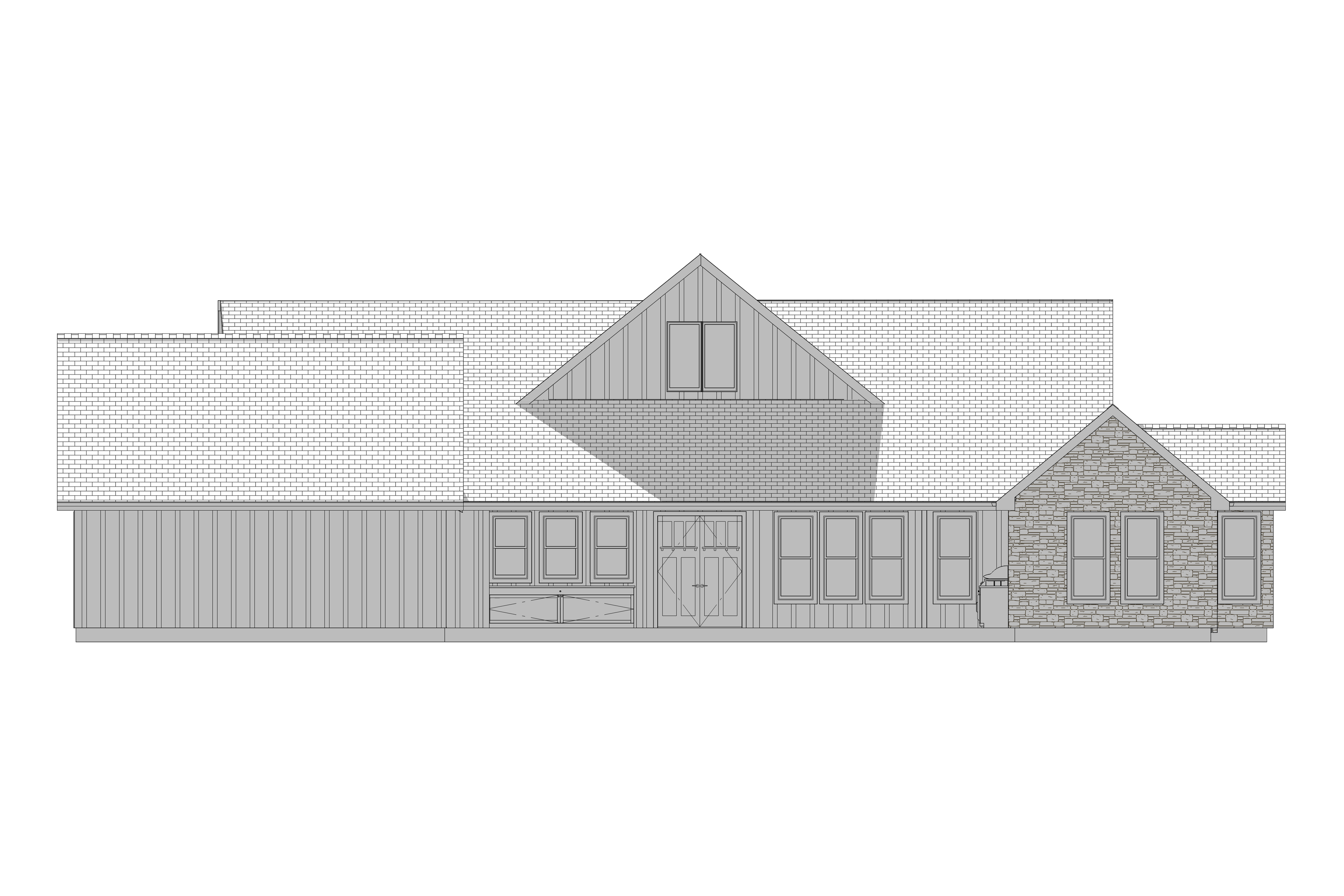 Architectural drawing of a house with different roof styles on a white background
