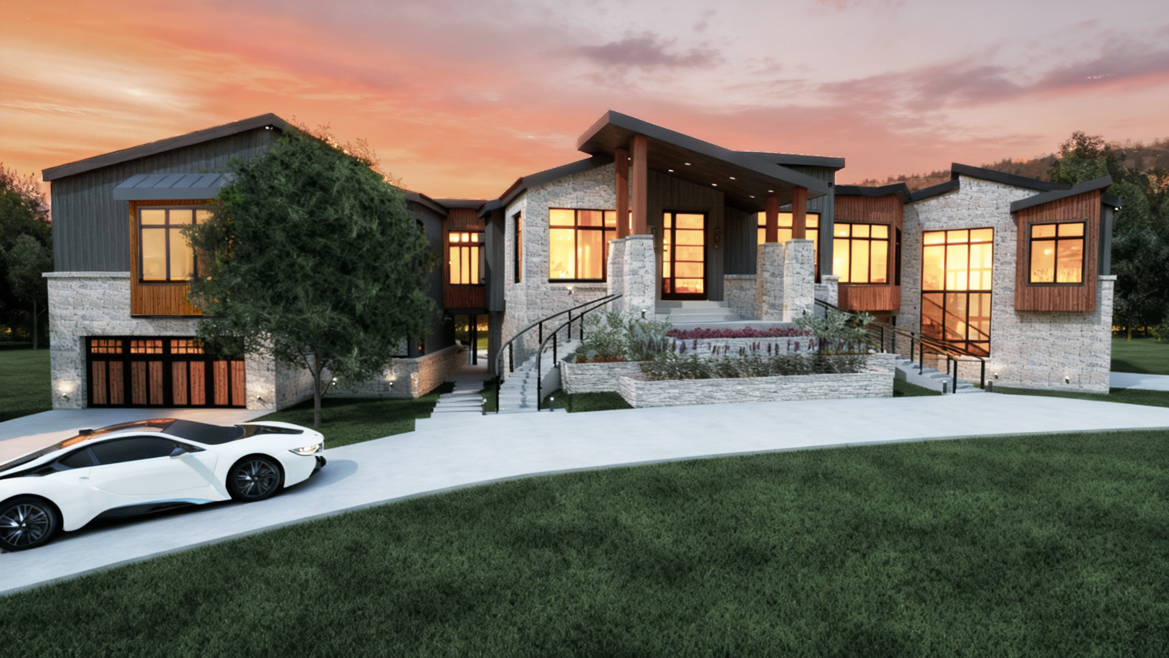 Modern house with a white car parked in front during sunset.