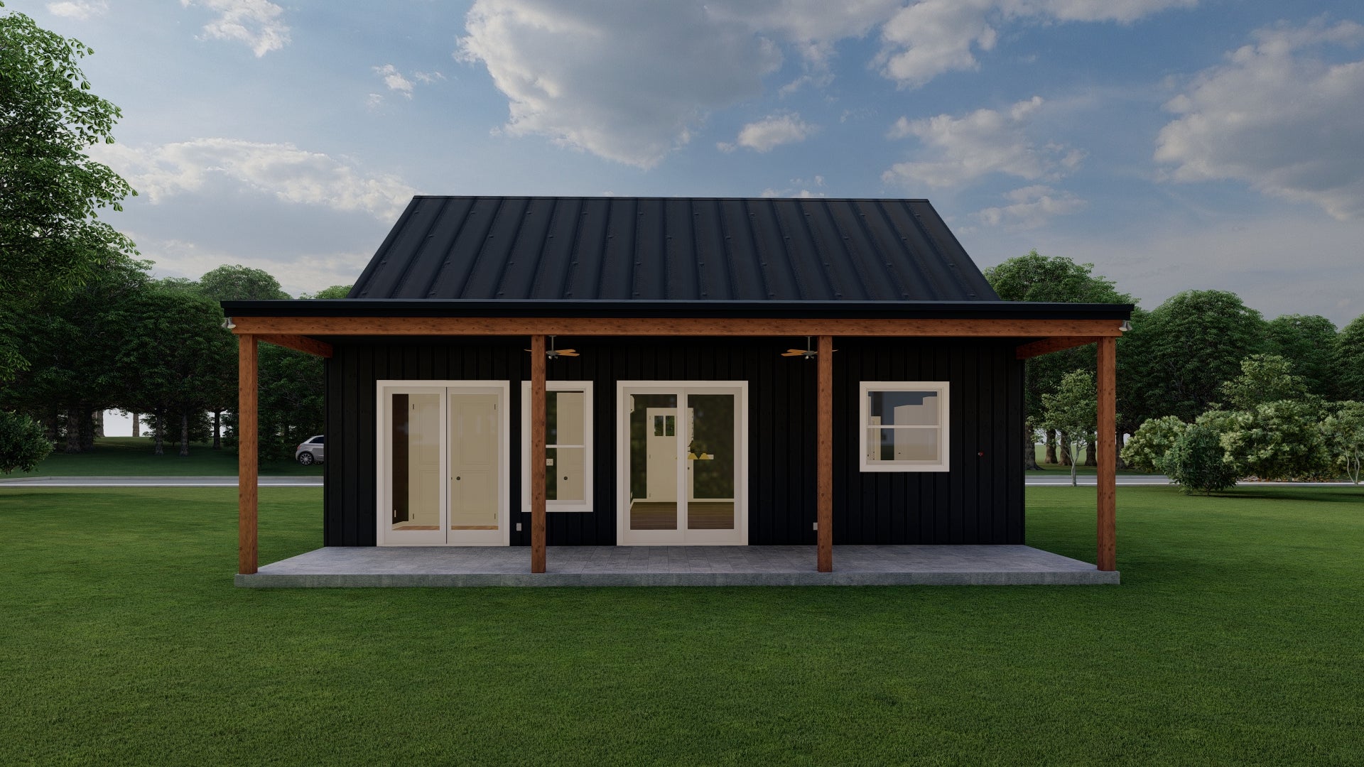 Black ranch style house in green landscape