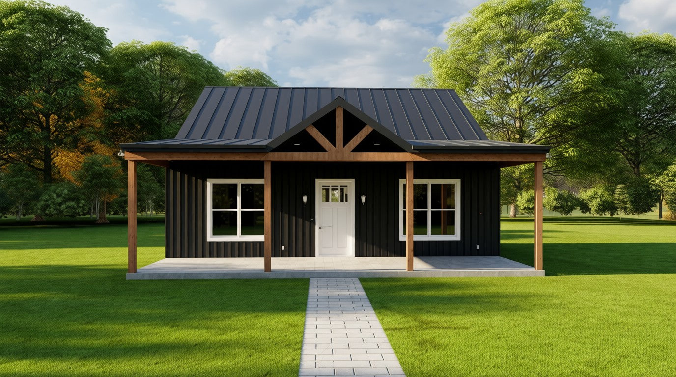 Black ranch style house in green landscape