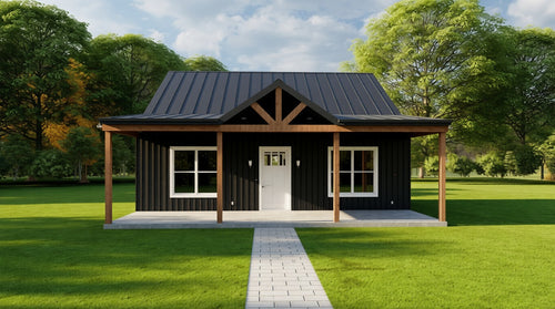 Black ranch style house in green landscape