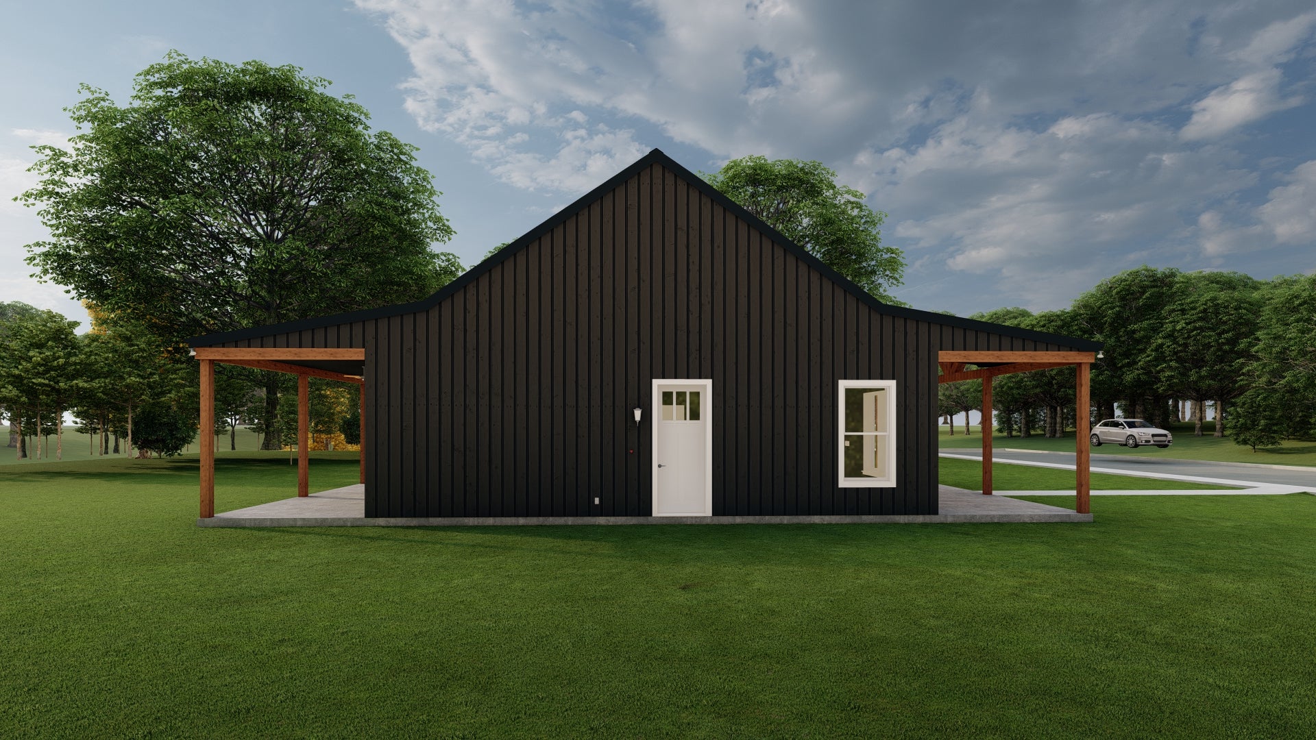 Black ranch style house in green landscape