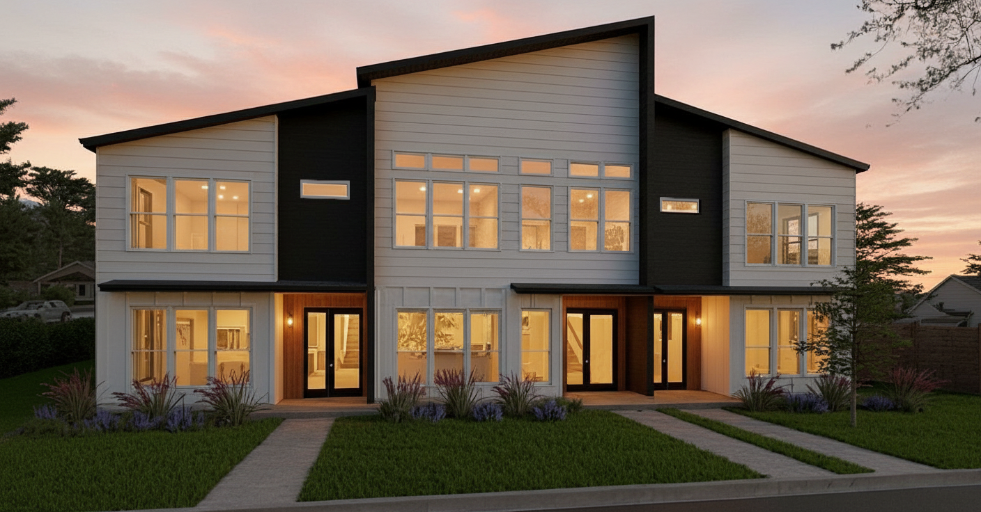 Modern house with illuminated windows at dusk