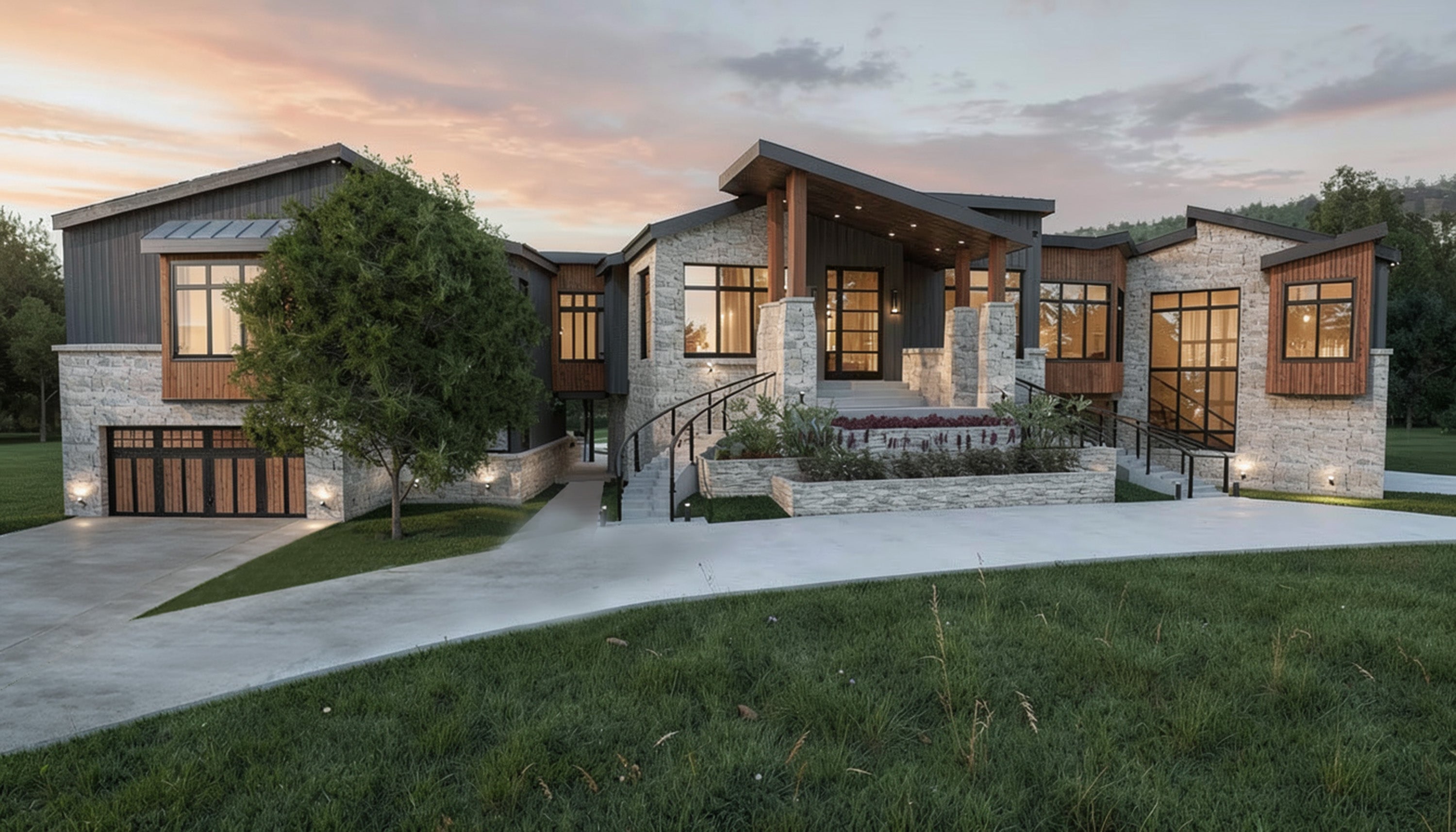 Modern single-story house exterior with mixed wood and stone cladding, large windows, a concrete driveway, lawn, and trees at dusk.